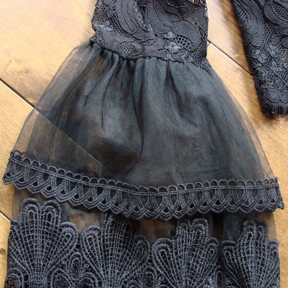 Black Lace Crochet Sheer Blouse Top Bell Sleeves Whimsigoth Goth Party Medium - Picture 13 of 16